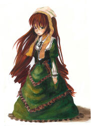  1girl absurdres brown_hair commentary_request dress eikoh expressionless green_dress green_eyes heterochromia highres lolita_fashion long_hair long_sleeves looking_at_viewer painting_(medium) red_eyes rozen_maiden solo suiseiseki traditional_media very_long_hair watercolor_(medium) 