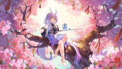  1girl absurdres barefoot blue_skirt check_copyright cherry_blossoms chinese_clothes ci_wen_jian_bu_cun_zai closed_mouth copyright_request cup dragon_girl dragon_horns dragon_tail highres horns in_tree long_hair looking_at_viewer original sitting sitting_in_tree skirt slit_pupils smile solo tail teacup teapot tree watermark watermark_grid yellow_eyes 