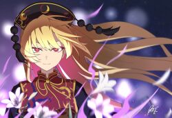 1girl black_dress black_hat blonde_hair bluerhozu blurry breasts chinese_clothes closed_mouth commentary_request crescent_print dalachi_(headdress) depth_of_field dress flower hat junko_(touhou) long_hair looking_at_viewer neck_ribbon red_eyes red_tabard ribbon signature smile solo tabard touhou upper_body very_long_hair white_flower yellow_ribbon 
