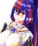  1girl absurdres alear_(female)_(fire_emblem) alear_(fire_emblem) blue_eyes blue_hair blush closed_mouth crossed_bangs fire_emblem fire_emblem_engage hair_between_eyes heterochromia highres looking_at_viewer multicolored_hair ponytail red_eyes redhead ribbon solo split-color_hair to_(tototo_tk) two-tone_hair white_background 