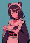  1girl animal_ears black_choker black_hair black_kimono blue_background choker cup dog_ears flower hair_flower hair_ornament highres holding holding_cup holding_plate inui_toko japanese_clothes kimono looking_at_viewer maid maid_headdress menma_(enaic31) nijisanji pink_ribbon plate red_eyes ribbon short_hair simple_background solo twitter_username wa_maid wide_sleeves 