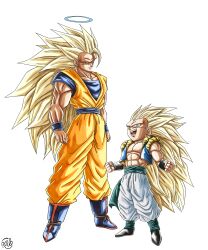  2boys absurdres baggy_pants bare_pectorals blonde_hair boots clenched_hands dougi dragon_ball dragon_ball_z full_body gotenks halo highres long_hair male_focus multiple_boys muscular muscular_male no_eyebrows open_mouth orange_pants pants pectorals roub3d sash short_boy simple_background size_difference smile son_goku spiky_hair standing super_saiyan super_saiyan_3 very_long_hair vest white_background wrist_cuffs 