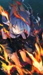  1girl absurdres black_dress black_jacket blue_eyes blue_hair commentary_request dress eyes_visible_through_hair feet_out_of_frame fire floating_hair garter_straps hair_over_one_eye hair_ribbon highres hololive hoshimachi_suisei hoshimachi_suisei_(3rd_costume) jacket lace lace_sleeves long_hair long_sleeves looking_at_viewer o-ring o-ring_thigh_strap official_alternate_costume official_alternate_hairstyle open_mouth orange_pantyhose pantyhose ribbon sauce_darusungi short_dress short_sleeves single_garter_strap solo standing star_(symbol) star_in_eye syakunetsu_nite_junjou_(hololive) symbol_in_eye thigh_strap virtual_youtuber 