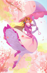  1girl absurdres blonde_hair blue_eyes blush commentary dress earrings elbow_gloves gloves highres holding holding_umbrella jewelry long_hair peaceablecolt pink_dress pink_umbrella princess_peach solo sphere_earrings super_mario_bros. umbrella white_gloves 