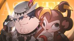  1boy absurdres ashveil_(honkai:_star_rail) ashveil_(honkai:_star_rail)_(cosplay) blue_hair cleft_chin closed_mouth cosplay family_guy fat fat_man fedora grey_eyes hat highres honkai:_star_rail honkai_(series) kowai_(iamkowai) looking_at_viewer male_focus monkey peter_griffin short_hair white_hat 