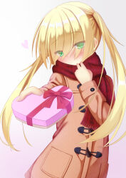  1girl absurdres adjusting_scarf blonde_hair blush box brown_coat closed_mouth coat commentary_request cowboy_shot empty_x_embryo eyes_visible_through_hair fringe_trim gift green_eyes hair_over_eyes hand_up heart heart-shaped_box highres holding holding_gift incoming_gift kono_natsuki long_bangs long_hair looking_at_viewer nanatsuki_akito outstretched_arm plaid_clothes plaid_scarf red_scarf scarf simple_background smile solo split_mouth twintails valentine very_long_hair white_background winter_clothes 
