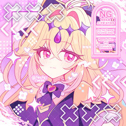  1girl antenna_hair blonde_hair blush bow brooch capelet closed_mouth commentary_request cure_arcana_shadow cursor diamond_hairband hair_between_eyes hair_bow hair_intakes heart heart_brooch heart_in_eye highres jewelry long_hair looking_at_viewer magical_girl meitantei_precure! moria_luluka pink_eyes precure purple_bow purple_capelet purple_veil shirocha_tei solo symbol_in_eye upper_body veil watermark watermark_grid 