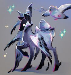  animal_focus bird chromatic_aberration commentary deer english_commentary feathered_wings feefal flying highres motion_blur multiple_wings no_humans original pigeon simple_background sparkle wings 