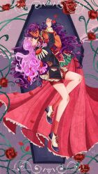  2girls applepi1_e black_jacket blood blood_on_weapon commentary dark-skinned_female dark_skin dress earrings english_commentary flower highres himemiya_anthy holding holding_sword holding_weapon jacket jewelry long_hair multiple_girls pink_hair plant purple_hair red_dress red_flower red_rose red_shorts red_socks rose shoes shorts shoujo_kakumei_utena sleeve_cuffs sleeveless sleeveless_dress socks stab sword sword_of_dios tenjou_utena thorns very_long_hair vines weapon white_shoes 