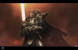  1boy armor artist_logo artist_name black_border border breastplate commentary debris eagle_head_(ornament) embers emperor's_sword emperor_of_mankind english_commentary fire flaming_sword flaming_weapon full_armor full_body glowing glowing_eyes glowing_sword glowing_weapon gold_armor imperial_aquila imperium_of_man logo long_hair looking_at_viewer metal_wings ornate_armor pauldrons power_armor red_theme richard_bagnall shoulder_armor sword warhammer_40k weapon wings yellow_eyes 