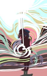  1girl abstract_background bowl bowl_hat colorful_background commentary_request eico eyes_in_shadow full_body hat highres holding holding_sword holding_weapon looking_at_viewer medium_hair one-hour_drawing_challenge petite silhouette solo standing sukuna_shinmyoumaru sword touhou weapon 