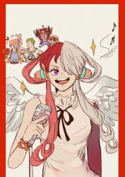  1girl 4boys ^_^ border carrying carrying_person closed_eyes commentary dress green_hair hair_over_one_eye headphones highres holding holding_microphone looking_to_the_side microphone monkey_d._luffy multiple_boys music musical_note neck_ribbon one_piece one_piece_film:_red red_border red_hair ribbon roronoa_zoro sanji_(one_piece) serein singing sleeveless sleeveless_dress smoke sparkle tony_tony_chopper uta_(one_piece) vintage_microphone violet_eyes white_dress white_hair white_wings wings 