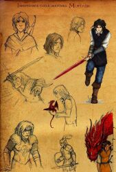  1boy 1other against_wall armor belt black_hair black_tunic blue_pants blush boots bracer breastplate brown_belt brown_boots brown_eyes brown_tunic chainmail clenched_teeth comforting crying dated dragon dragon_tail dragon_wings eastern_dragon english_text eragon fangs full_body hand_on_own_arm helmet highres holding holding_shield holding_sword holding_weapon knight long_sleeves medium_hair murtagh_(eragon) open_mouth orange_eyes pants pauldrons plume scales shield shirt short_sleeves shoulder_armor signature sketch slit_pupils spikes sword tail teeth thorn_(eragon) thorns ticcy tunic visor_(armor) weapon white_shirt wings 