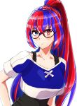  1girl absurdres alear_(female)_(fire_emblem) alear_(fire_emblem) blue_eyes blue_hair crossed_bangs fire_emblem fire_emblem_engage glasses hair_between_eyes heterochromia highres long_hair looking_at_viewer multicolored_hair official_alternate_hairstyle ponytail red_eyes redhead solo split-color_hair to_(tototo_tk) training_outfit_(fire_emblem_engage) two-tone_hair white_background 