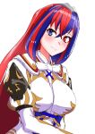  1girl absurdres alear_(female)_(fire_emblem) alear_(fire_emblem) blue_eyes blue_hair blush crossed_bangs fire_emblem fire_emblem_engage hair_between_eyes heterochromia highres long_hair long_sleeves looking_at_viewer multicolored_hair red_eyes redhead ribbon solo split-color_hair tiara to_(tototo_tk) two-tone_hair white_background 
