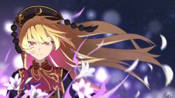  1girl black_dress black_hat blonde_hair bluerhozu blurry breasts chinese_clothes closed_mouth commentary_request crescent_print dalachi_(headdress) depth_of_field dress flower hat highres junko_(touhou) long_hair looking_at_viewer neck_ribbon red_eyes red_tabard ribbon signature smile solo tabard touhou upper_body very_long_hair white_flower yellow_ribbon 
