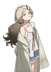  1girl :o absurdres bare_shoulders blonde_hair camisole chinese_commentary collarbone colored_eyelashes commentary cutoffs denim denim_shorts facing_up gakuen_idolmaster gradient_hair grey_hair highres idolmaster long_hair looking_at_viewer mohu_(shisenmohu) multicolored_hair orange_eyes ponytail robe shinosawa_hiro short_shorts shorts sideways_glance simple_background solo thighs very_long_hair white_background white_camisole white_robe 