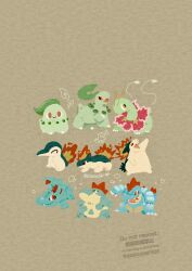  absurdres antennae bayleef bubble chikorita claws closed_eyes commentary_request croconaw cyndaquil evolutionary_line fangs feraligatr fire highres meganium no_humans pokemon pokemon_(creature) pokemon_focus quilava red_eyes smile spikes teeth totodile typhlosion yellow_eyes zozozoshion 