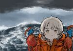  1girl alternate_costume animal asasow blue_gloves coat commentary_request crab deadliest_catch expressionless gloves grey_hair hands_up hatoba_tsugu holding holding_animal hood hood_down hooded_coat long_sleeves looking_at_viewer ocean orange_coat outdoors overcast parka parted_lips short_hair sky solo tsugu_(vtuber) upper_body virtual_youtuber waves yellow_eyes 