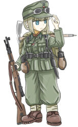  1girl adjusting_clothes adjusting_headwear ammunition_pouch backpack bag belt belt_buckle belt_pouch black_belt blonde_hair blue_eyes bolt_action boots breast_pocket brown_bag brown_boots buckle buttons canteen cleaning_rod closed_mouth cockade collared_jacket collared_shirt combat_boots commentary_request frown full_body gaiters goggles goggles_on_headwear green_hat green_jacket green_pants gun gun_sling hand_up hat highres holding holding_gun holding_weapon jacket knife load_bearing_equipment long_sleeves looking_to_the_side m43_field_cap mauser_98 military military_hat military_jacket military_uniform original pants pickaxe pocket pouch red_shirt reichsadler rifle sheath sheathed shirt short_hair simple_background soldier solo standing tachi-e weapon wehrmacht white_background world_war_ii yarsk 