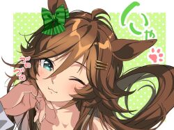  1boy 1girl ahoge animal_ears bare_shoulders blue_eyes blush bow brown_hair closed_mouth collarbone commentary_request ear_bow green_bow hair_between_eyes hair_ornament hairclip hand_on_another's_chin horse_ears horse_girl horse_tail jewelry long_hair looking_at_viewer mr._c.b._(umamusume) one_eye_closed ring smile tail taromarun trainer_(umamusume) umamusume wedding_ring 
