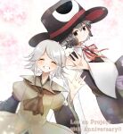  2others a_c_bb androgynous anniversary ascot black_coat black_eyes black_hair black_headwear black_sleeves blush bow bowtie brown_ascot brown_coat closed_eyes closed_mouth coat collared_coat collared_shirt commentary_request copyright_name english_text enraku_tsubakura eye_of_senri floral_background green_hakama green_trim grey_hair grin hakama hand_up hat highres houlen_yabusame japanese_clothes jinbei_(clothes) layered_sleeves len&#039;en light_blush long_sleeves looking_at_viewer multiple_others open_mouth other_focus puffy_short_sleeves puffy_sleeves red_bow red_bowtie red_headwear shirt short_hair short_hair_with_long_locks short_over_long_sleeves short_sleeves sleeveless sleeveless_coat sleeveless_shirt smile teeth top_hat two-sided_fabric two-sided_headwear upper_body waving white_background white_shirt wide_sleeves 