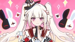  1girl blunt_bangs braid chinese_commentary closed_mouth commentary_request diamond_(shape) hat highres honkai:_star_rail honkai_(series) long_hair long_sleeves looking_at_viewer mini_hat multicolored_hair own_hands_together pink_background pink_eyes rabbit red_hair sailor_collar sidelocks smile solo sparkle_(honkai:_star_rail) sparxie_(honkai:_star_rail) streaked_hair top_hat twin_braids twintails upper_body very_long_hair violet_eyes virtual_youtuber white_hair wide_sleeves xiaohutu 