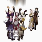  1_ooonoc 4boys 4girls albedo_(genshin_impact) animal_ears arataki_itto armor armored_dress black_hair blonde_hair breasts brown_hair china_dress chinese_clothes closed_eyes coat commentary_request crossed_arms dog_boy dog_ears dog_tail dress full_body genshin_impact gloves gorou_(genshin_impact) hat highres horns japanese_clothes long_hair long_sleeves multiple_boys multiple_girls navia_(genshin_impact) ningguang_(genshin_impact) noelle_(genshin_impact) open_mouth pants simple_background standing sweat tail vision_(genshin_impact) yun_jin_(genshin_impact) zhongli_(genshin_impact) 