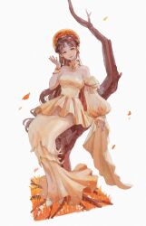  1girl absurdres autumn_leaves bare_shoulders bracelet breasts brown_eyes brown_hair closed_mouth commentary_request dress earrings full_body highres jewelry leaf liang_jiou long_hair long_sleeves looking_at_viewer medium_breasts off-shoulder_dress off_shoulder original simple_background single_sleeve smile solo white_background yellow_dress 