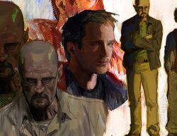  2boys bald beard beard_stubble breaking_bad brown_facial_hair commentary english_commentary facial_hair glasses goatee goatee_stubble highres jesse_pinkman male_focus multiple_boys round_eyewear stubble turmalindraws walter_white 