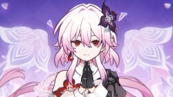 1girl bare_shoulders black_gloves chinese_commentary closed_mouth commentary_request earrings evernight_(honkai:_star_rail) flower gloves hair_between_eyes hair_flower hair_ornament highres honkai:_star_rail honkai_(series) jewelry long_hair looking_at_viewer march_7th_(honkai:_star_rail) multicolored_hair own_hands_together pink_hair red_eyes smile solo white_hair xiaohutu 