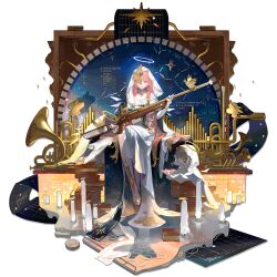  1girl 1other ambience_synesthesia angel arknights bare_shoulders blonde_hair book book_stack bracelet candle child closed_mouth constellation disembodied_hand dress elbow_gloves eye_of_providence facial_mark flower french_horn full_body gladiator_sandals gloves gold_bracelet gold_trim gradient_hair gun half_gloves halo highres holding holding_gun holding_weapon instrument iris_yi jewelry kneeling latin_text lemuen_(arknights) lemuen_(requiem_vesperis)_(arknights) long_hair looking_at_viewer multicolored_hair official_alternate_costume official_art one_eye_covered organ_(instrument) pearl_choker pink_eyes pink_hair praying rifle sandals scope see-through_clothes see-through_veil sheet_music side_slit sitting smile sniper_rifle star_pendant tachi-e teardrop_facial_mark third-party_source toeless_legwear transparent_background trumpet two-tone_hair veil very_long_hair weapon white_dress white_flower white_gloves white_halo white_veil 