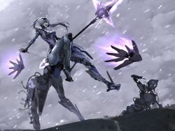  1girl 1other absurdres black_hair breasts centaur clouds cloudy_sky commentary crossed_bangs cyborg drone english_commentary forehead_protector full_body gradient_hair grey_hair hair_between_eyes hair_ornament headgear high-heeled_mechanical_legs highres holding holding_polearm holding_weapon joints large_breasts long_hair mecha_musume mechabare mechanical_arms mechanical_legs mechanical_tail multicolored_hair multiple_legs open_mouth outdoors polearm punishing:_gray_raven rearing robot robot_joints rosetta:_arete_(pgr) rosetta_(pgr) saif_artz see-through_body sidelocks sky snowing spear standing tail taur violet_eyes weapon 