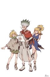  1boy 2girls blonde_hair cracked_skin dr._stone e=mc2_(equation) equation high_ponytail highres ishigami_senkuu kohaku_(dr._stone) lutaerian multiple_girls ponytail rope rope_around_waist rope_belt spiky_hair split_ponytail suika_(dr._stone) tall_hair white_rope 