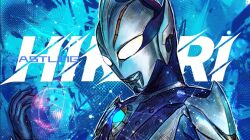  1boy alien arm_at_side armor artist_name blue_background blue_skin blue_theme castlings character_name collarbone color_timer colored_skin compound_eyes curled_fingers dorsal_fin english_text giant giant_male glowing glowing_eyes hand_up light_particles looking_down male_focus multicolored_skin no_pupils open_hand outline patterned_background pectorals pointy_ears shoulder_armor silver_skin solo studs tokusatsu two-tone_skin ultra_series ultraman_hikari ultraman_mebius_(series) upper_body white_eyes white_outline 