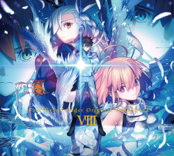  1boy 3girls album_cover armor black_hair braid closed_eyes commentary_request cover falling_feathers fate/grand_order fate_(series) feathers fujimaru_ritsuka_(female) fujimaru_ritsuka_(male) highres jacket long_hair looking_at_viewer mash_kyrielight multiple_girls multiple_views olga_marie_animusphere one_side_up orange_eyes orange_hair pants pink_hair second-party_source shirt shoes short_hair single_braid standing takeuchi_takashi violet_eyes white_hair wings 