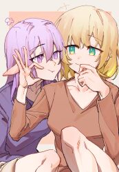  +++ 2girls :t aglaea_(honkai:_star_rail) blonde_hair brown_shirt castorice_(honkai:_star_rail) cheek_pinching chinese_commentary collarbone commentary_request face-to-face green_eyes gskrika highres honkai:_star_rail honkai_(series) long_sleeves looking_at_another medium_hair multiple_girls pinching pointy_ears purple_hair purple_shirt shirt smile violet_eyes yuri 