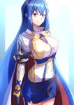  absurdres alear_(female)_(fire_emblem) alear_(fire_emblem) blue_cape blue_eyes blue_hair cape crossed_bangs fire_emblem fire_emblem_engage gloves hair_between_eyes highres long_hair long_sleeves looking_at_viewer official_alternate_hair_color skirt smile to_(tototo_tk) very_long_hair 