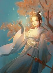  1girl absurdres brown_hair character_request chinese_clothes closed_mouth commentary_request constellation cowboy_shot crescent_moon double_halo dress forehead grey_dress halo hand_up highres holding holding_sword holding_weapon liang_jiou long_dress long_sleeves looking_ahead moon moonlight_blade night outdoors pink_eyes short_hair smile solo sword tree weapon white_halo wide_sleeves 