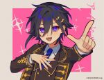  1boy :d amenochi_hare black_hair black_jacket black_nails black_vest blue_necktie buttons collared_shirt copyright double-breasted fangs gold_trim hair_between_eyes hand_on_own_chest highres holostars holostars_idol_uniform_(2nd_act) idol_clothes jacket kanade_izuru lapels light_blush long_sleeves looking_at_viewer male_focus necktie notched_lapels official_alternate_costume official_art oshi_no_ko outside_border outstretched_arm pink_background pointing pointing_at_viewer shirt short_hair slit_pupils smile solo sparkle teeth upper_body vest violet_eyes virtual_youtuber white_shirt 