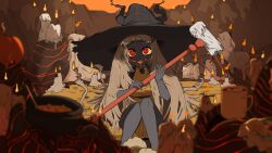  1girl :d absurdres bbizim03 blonde_hair candle colored_skin commentary grey_skin hat highres holding holding_staff humanization large_hat long_hair looking_at_viewer monster_girl sitting slay_the_spire slay_the_spire_2 slippers smile solo staff tezcatara_(slay_the_spire) very_long_hair witch_hat 