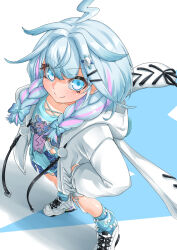 1girl absurdres ahoge blue_bow blue_eyes blue_hair blue_shirt blue_shorts blue_socks bow braid closed_mouth commentary foreshortening from_above full_body hair_bow hair_flaps hair_intakes hands_on_own_hips highres hololive hololive_dev_is hood hooded_jacket jacket light_blush lightning_ahoge long_sleeves looking_at_viewer loose_socks low_twin_braids mizumiya_su mizumiya_su_(1st_costume) multicolored_hair nyang-kaz open_clothes open_jacket perspective pink_streaks pom_pom_(clothes) print_shirt shirt shoes shorts smile sneakers socks solo standing streaked_hair torn_clothes torn_shirt torn_shorts twin_braids two-tone_hair virtual_youtuber white_background white_jacket white_shoes 