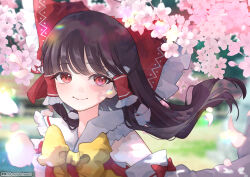  1girl absurdres artist_name asaka_haru123 bow bowtie brown_hair cherry_blossoms closed_mouth commentary detached_sleeves falling_petals frilled_bow frilled_hair_tubes frills hair_bow hair_tubes hakurei_reimu highres long_hair looking_at_viewer making-of_available petals pink_petals portrait red_bow red_eyes ribbon-trimmed_sleeves ribbon_trim smile solo touhou watermark yellow_bow yellow_bowtie 