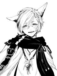  1boy animal_ears belt_buckle blush buckle cape cat_boy cat_ears commentary_request facial_mark final_fantasy final_fantasy_xiv g'raha_tia hair_between_eyes highres jewelry looking_at_viewer male_focus miqo'te multiple_hair_clips necklace neji_vuldarak open_mouth scarf shirt short_hair simple_background smile solo teeth upper_body white_background 