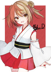  1girl :d absurdres blush border brown_eyes brown_hair commentary_request cosplay cowboy_shot detached_sleeves double_bun faux_traditional_media fusou_(kancolle) fusou_(kancolle)_(cosplay) hair_between_eyes hair_bun highres ichigomaru_d japanese_clothes kantai_collection kimono looking_at_viewer medium_hair michishio_(kancolle) miniskirt obi open_mouth outside_border pleated_skirt red_border red_skirt sash short_twintails sidelocks signature skirt sleeveless sleeveless_kimono smile solo standing thighs twintails white_border white_kimono wide_sleeves 