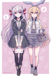  2girls amatsukaze_(hinamatsuri)_(kancolle) amatsukaze_(kancolle) black_thighhighs blonde_hair brown_eyes coat commentary_request dress eighth_note full_body grey_coat grey_dress grey_hair grey_hairband hair_tubes hairband highres hood hooded_coat hooded_dress jacket kabocha_torute kantai_collection locked_arms long_hair long_sidelocks long_sleeves looking_at_viewer multiple_girls musical_note neckerchief official_alternate_costume plaid_clothes plaid_dress purple_background rensouhou-chan shimakaze_(kancolle) shimakaze_(lawson)_(kancolle) sidelocks spoken_musical_note spoken_sweatdrop sweatdrop thigh-highs two_side_up walking white_jacket white_neckerchief 