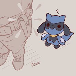  1boy ? advos artist_name belt chibi gun holster looking_at_object pants pokemon pokemon_(creature) riolu shoes weapon 