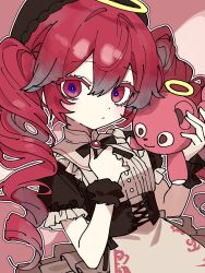  1girl apron black_corset black_hat black_wrist_cuffs blush corset dot_nose drill_hair frilled_apron frills hair_between_eyes halo hand_on_own_chest hat highres holding holding_stuffed_toy kasane_teto ktnazm0702 multicolored_eyes pink_background red_eyes red_hair sidelocks solo stuffed_toy twin_drills two-tone_eyes utau violet_eyes wrist_cuffs 