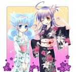  blue_eyes blue_hair duel_masters flower fua_yuu hair_flower hair_ornament japanese_clothes kimono ooe_kaede purple_hair tasogare_mimi v wink yellow_eyes yukata 