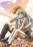  blush brown_hair hug otonashi_(angel_beats!) school_uniform silver_hair sinzire sitting skirt tachibana_kanade yellow_eyes 